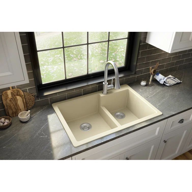 Bisque Quartz 33'' Double Bowl Drop-In Kitchen Sink
