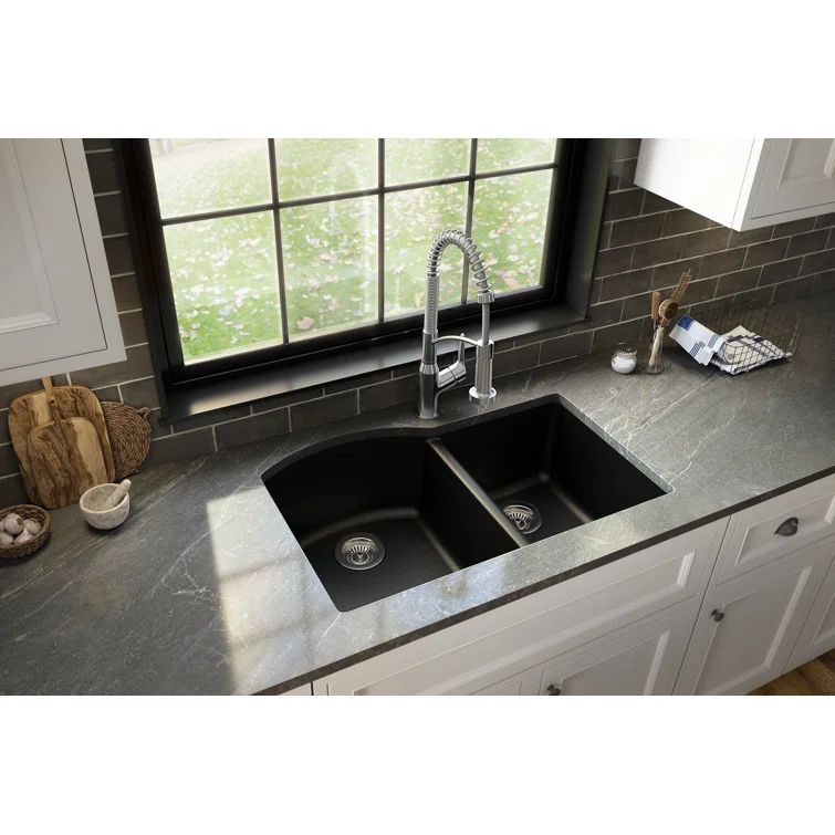 Black Quartz Composite 32'' x 21'' Double Bowl Undermount Kitchen Sink