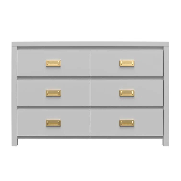 Dove Gray 6-Drawer Nursery Dresser with Gold Pulls