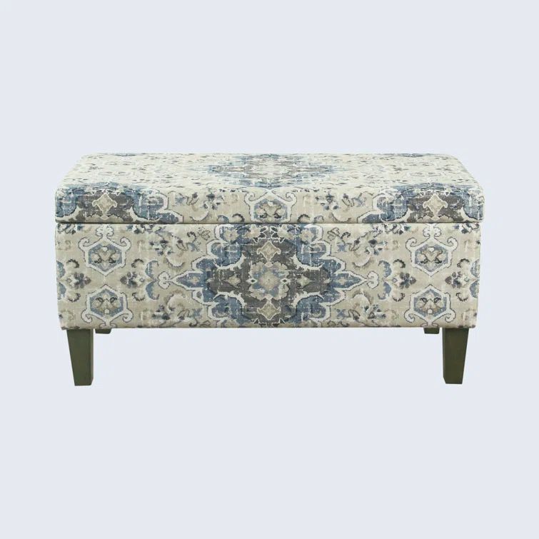 Antiqued Blue and Cream Medallion 36" Storage Bench with Graywash Legs