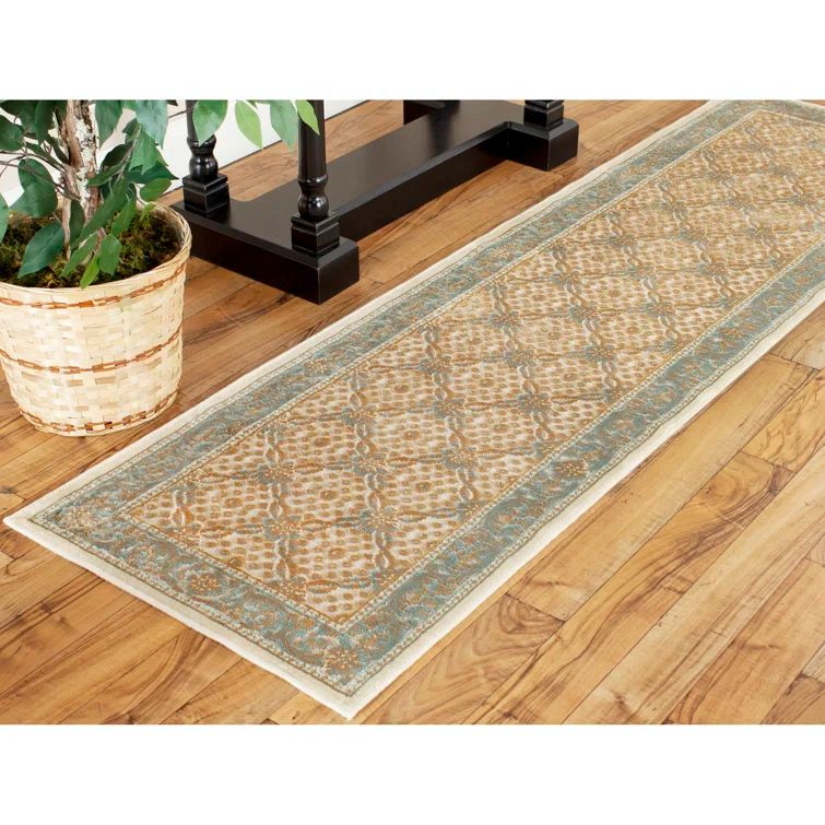 Cream and Multicolor Floral Viscose Runner Rug, 2' x 7'