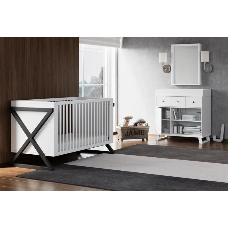 White and Gray Convertible Nursery Furniture Set with Changing Table