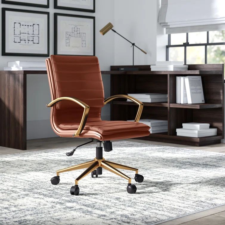 Saddle Faux Leather Mid-Back Chair with Gold Finish Base