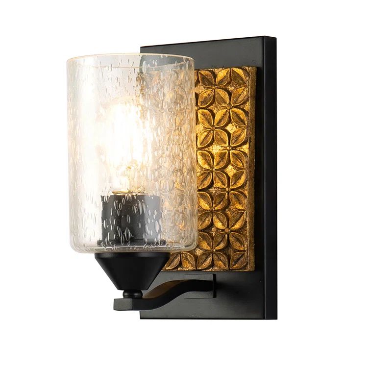 Arcadia Matte Black & Antiqued Gold Leaf Dimmable Sconce with Clear Bubble Glass