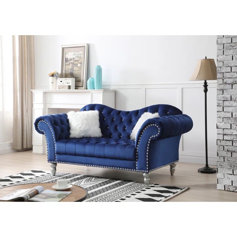 Gerardo 75'' Blue Velvet Tufted Loveseat with Nailhead Trim