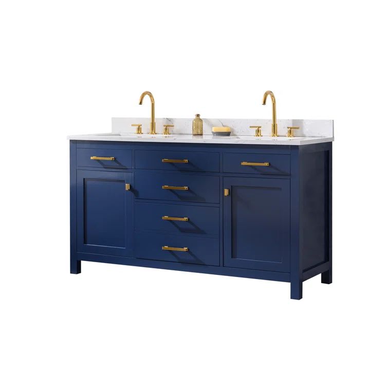 Navy Blue and Carrara White Double Freestanding Vanity with Gold Hardware