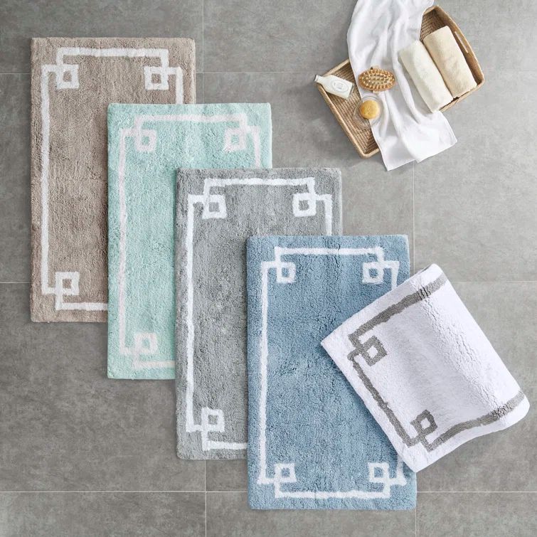 Seafoam Cotton Tufted Bath Rug with White Border