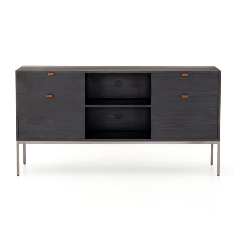 Black Wash Poplar and Iron Media Console with Cabinets and Drawers