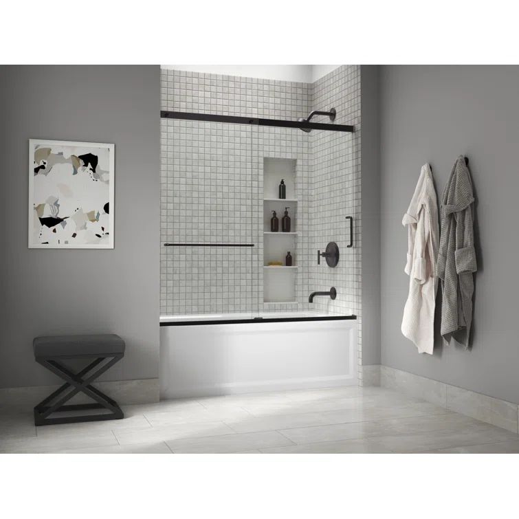 Matte Black Frameless Sliding Bath Door with Clear Glass