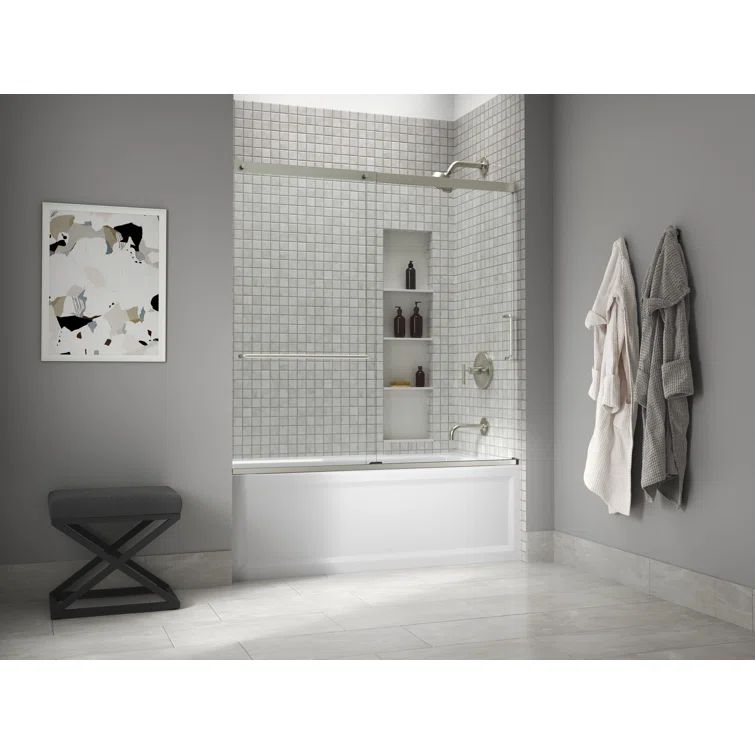 Elate Frameless Sliding Bath Door with Nickel Finish and Clear Glass