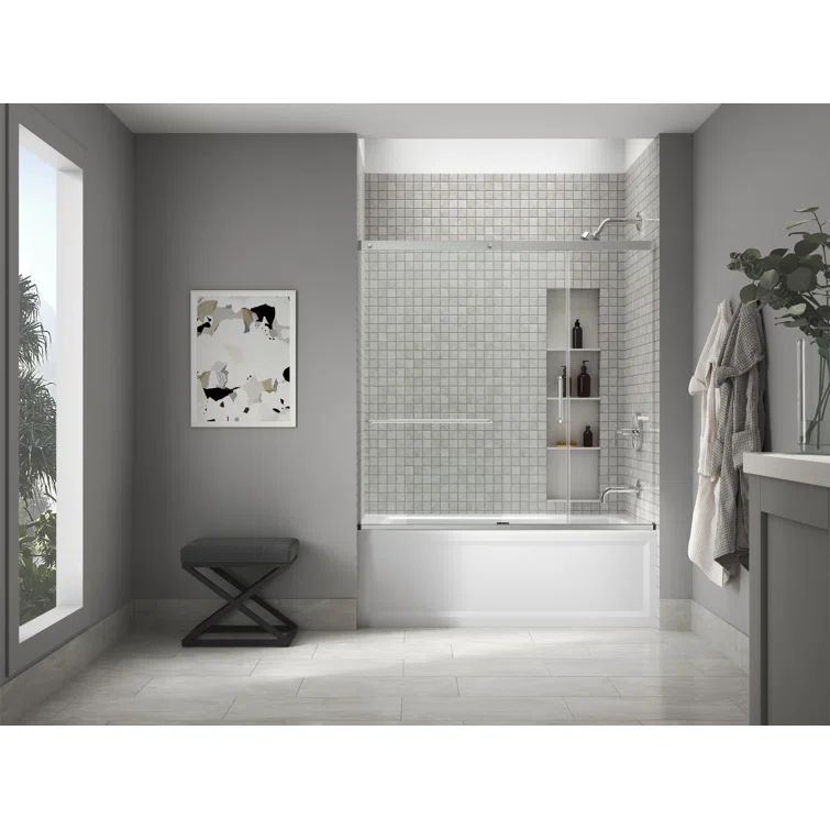 Bright Silver Frameless Sliding Bath Door with Crystal Clear Glass