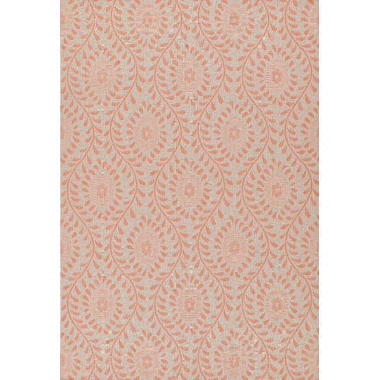 Coral and Beige Floral Synthetic Rectangular Area Rug