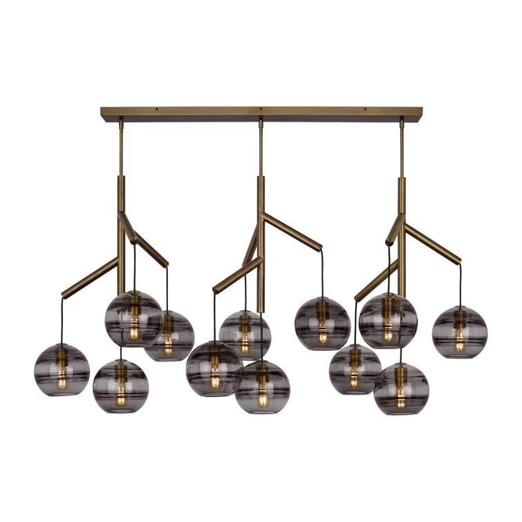 Aged Brass 12-Light Chandelier with Transparent Smoke Glass Shades