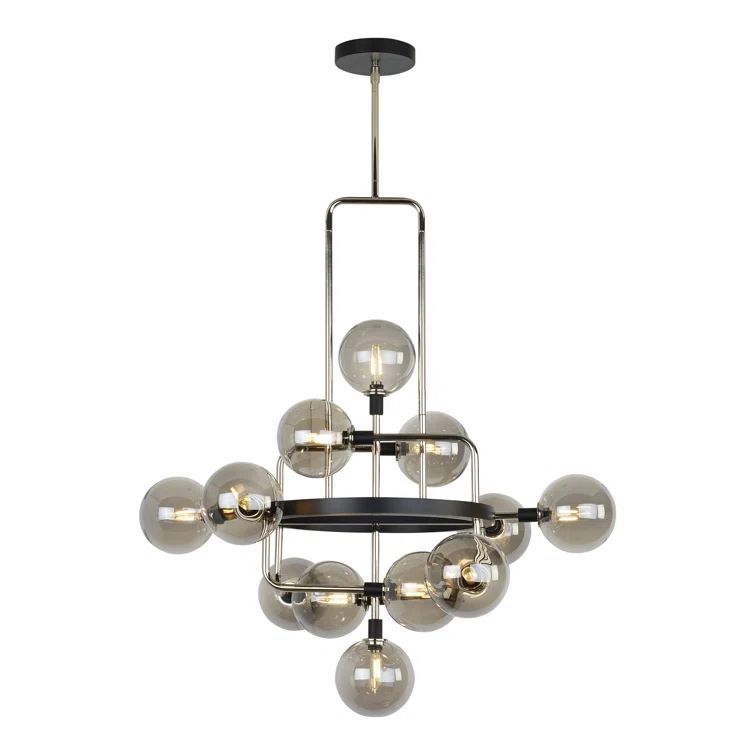 Elegant Viaggio Polished Nickel 12-Light Chandelier with Smoke Glass Shades