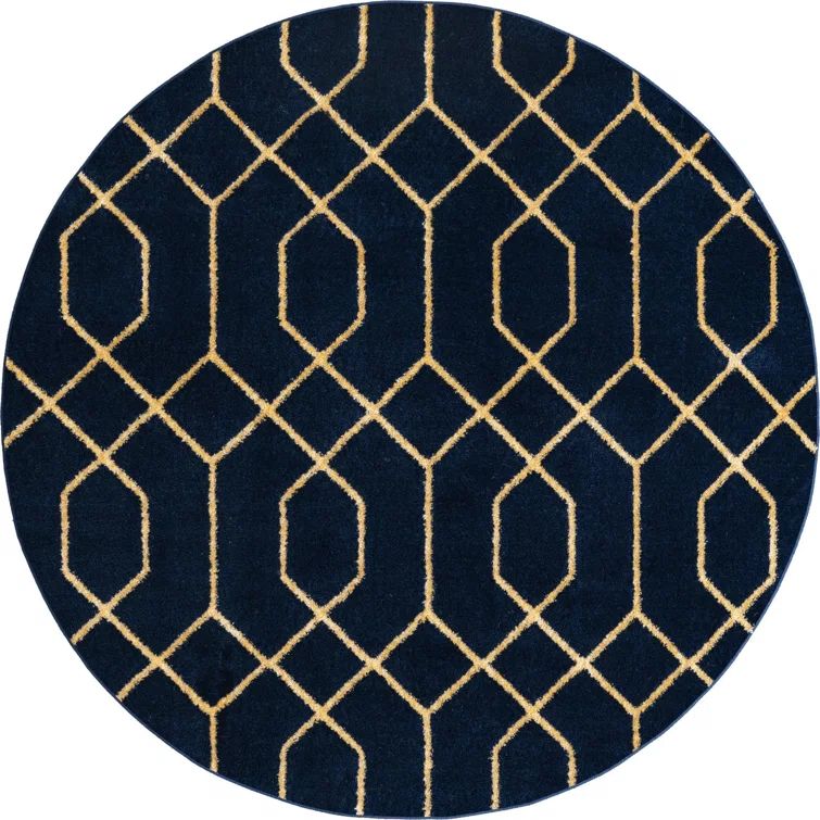 Navy Blue and Gold Round Trellis Synthetic Area Rug