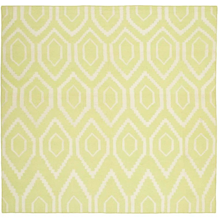 Ivory and Green Geometric Wool Square Rug, 6' x 6'