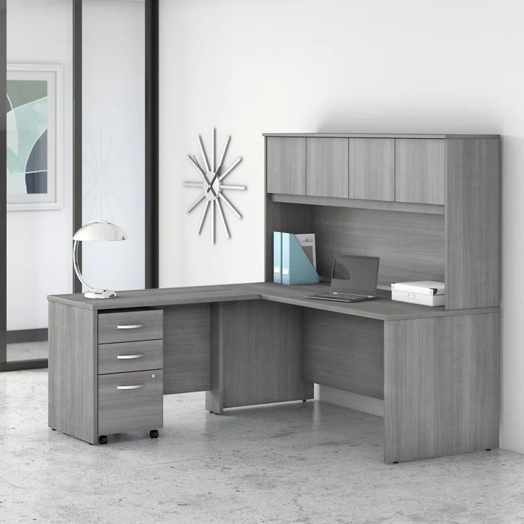 Platinum Gray Wood Composite L-Shaped Office Desk with Hutch
