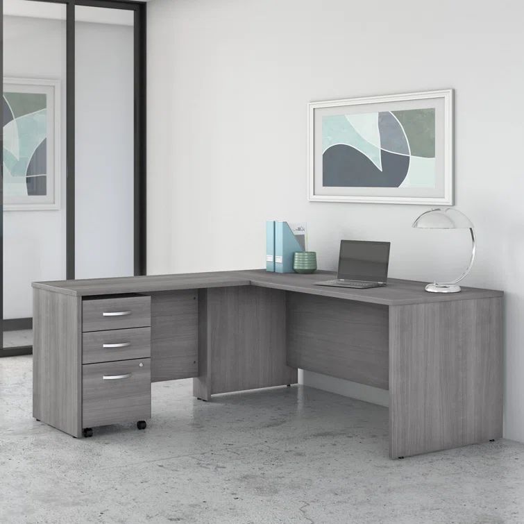 Platinum Gray Wood Composite L-Shaped Office Desk with Mobile File Cabinet