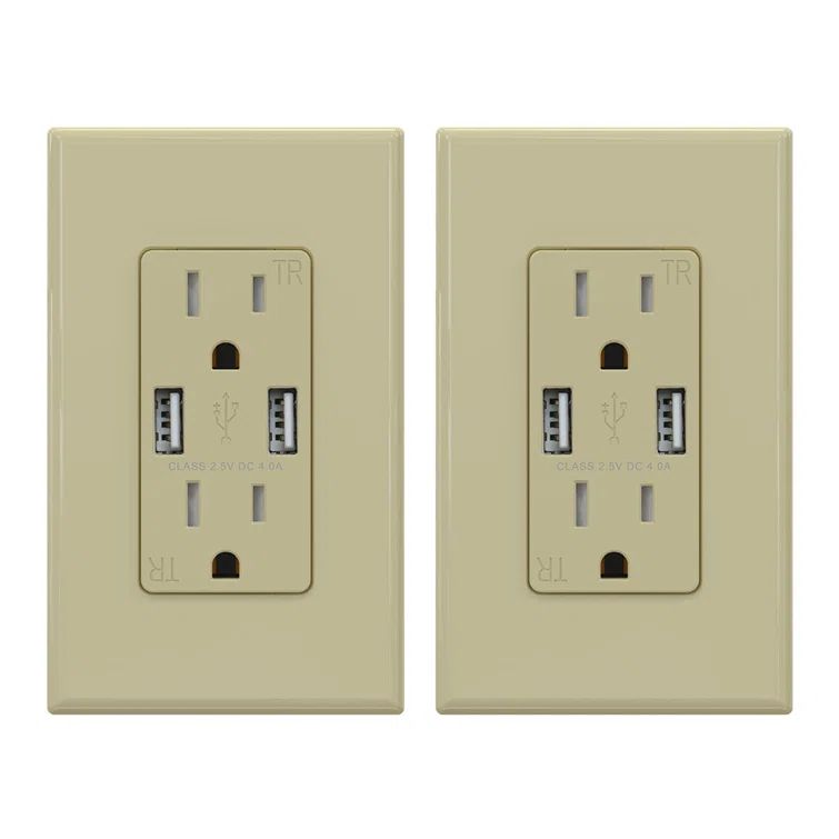 Ivory 15A Tamper Resistant Duplex Outlet with USB Ports and Wall Plate