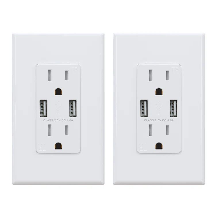White Tamper Resistant Duplex Outlet with Dual USB Ports and Wall Plate