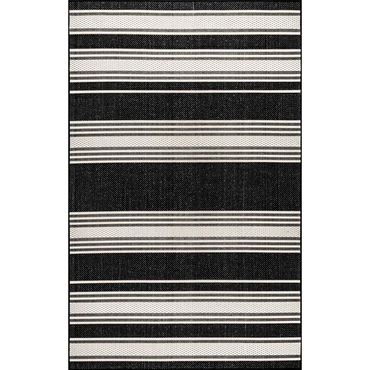Black and White Striped Synthetic 5' x 8' Indoor/Outdoor Rug