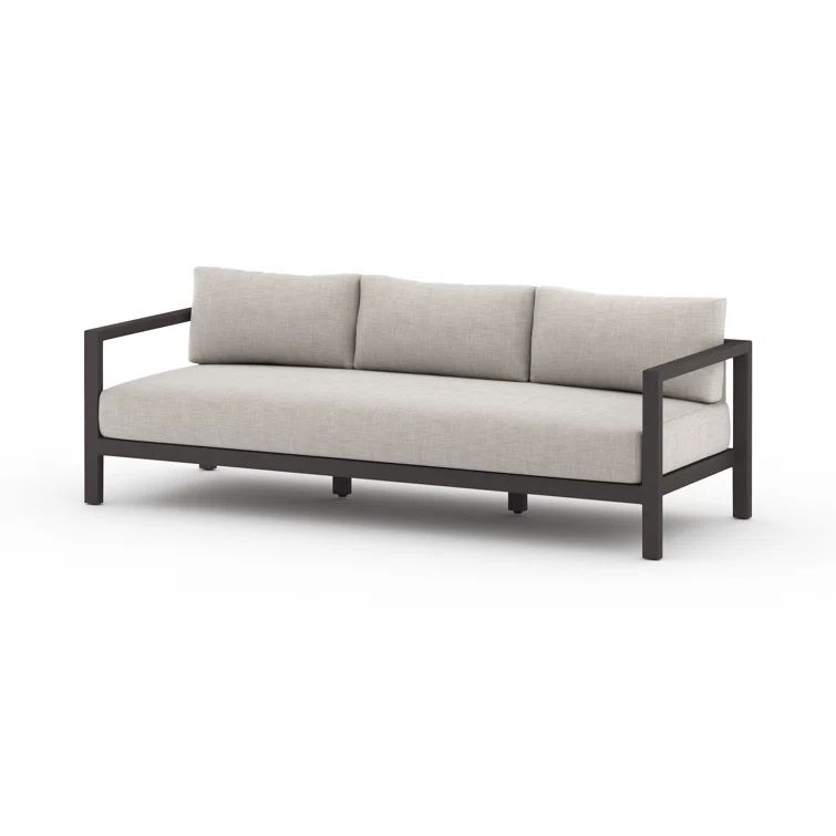 Contemporary Bronze-Finished Teak 87'' Three-Seater Sofa in Stone Grey