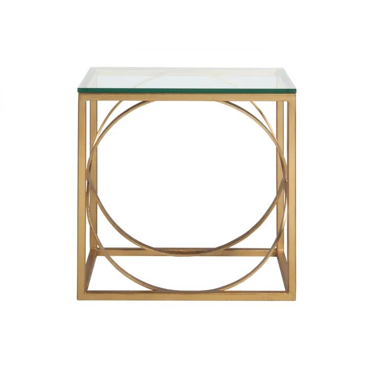 Transitional Gold Leaf Ellipse Rectangular End Table with Glass Top