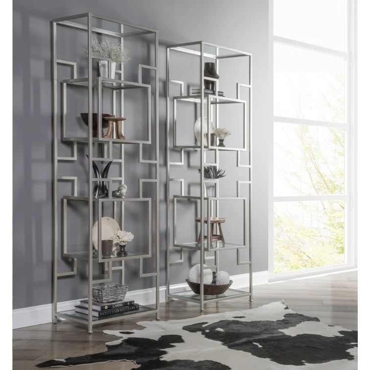 Silver Tubular Steel Etagere with Tempered Glass Shelves