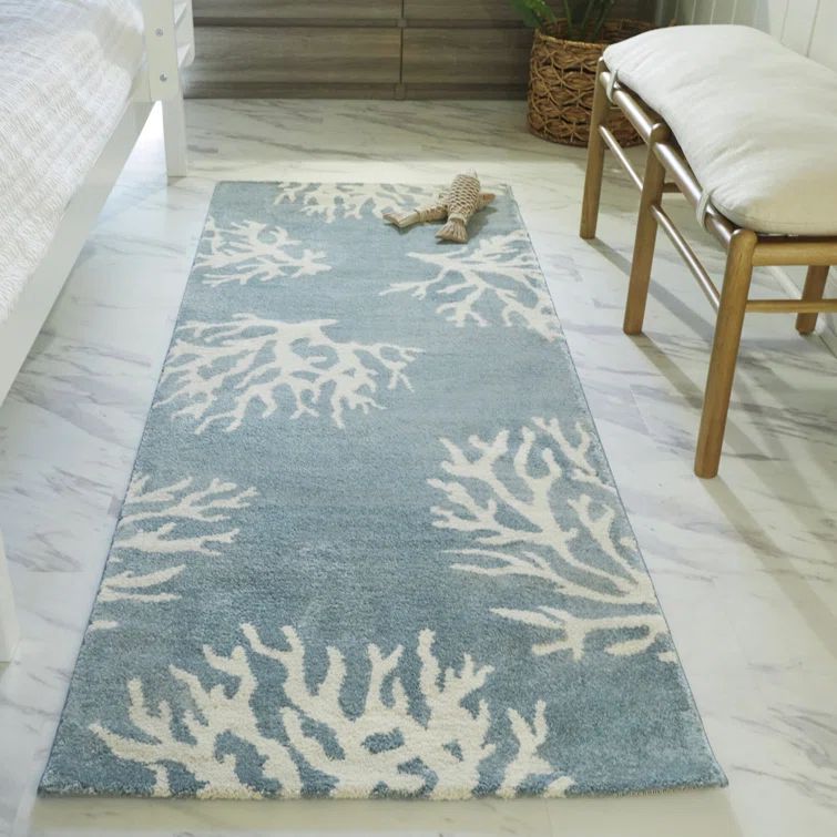 Light Blue and White Coral Print Washable Runner Rug
