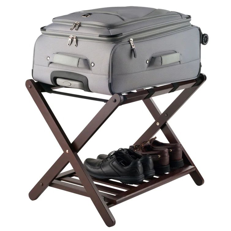 Cappuccino Solid Wood Folding Luggage Rack with Shelf