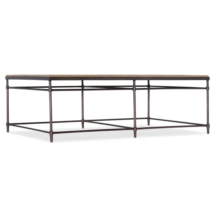 Transitional Acacia Wood and Bronze Metal Rectangular Cocktail Table