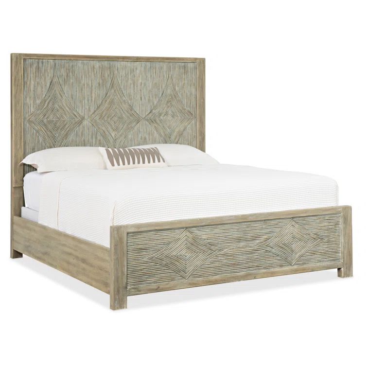 Transitional Beige California King Panel Bed with Rattan Drawer