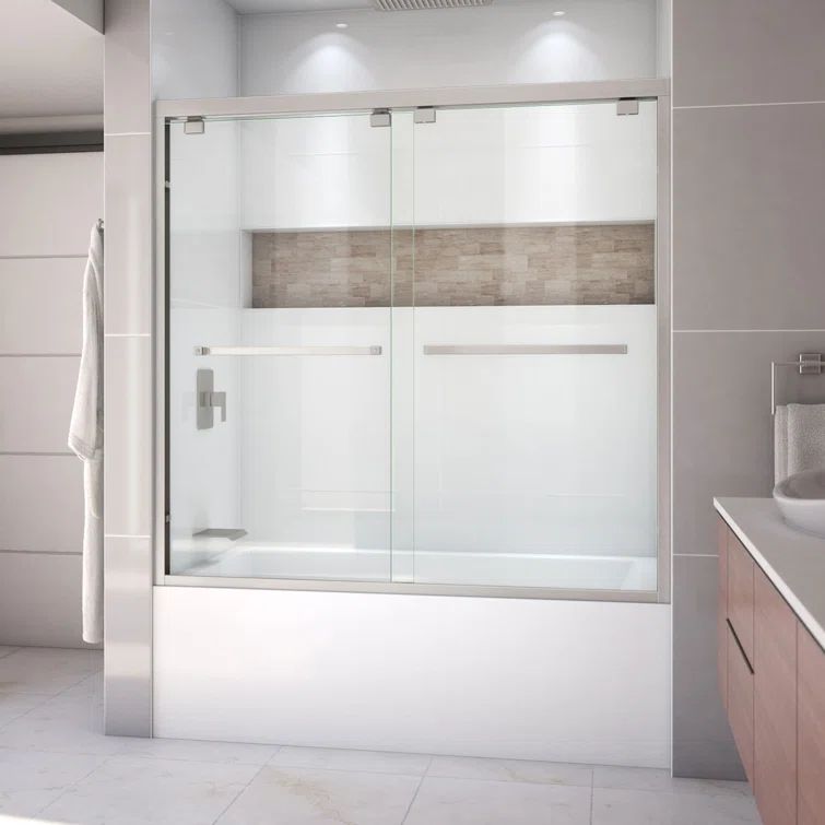 Encore 60" Frameless Clear Glass Sliding Tub Door in Brushed Nickel