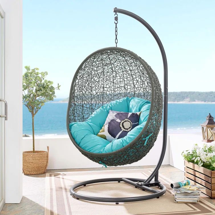 Gray and Turquoise Rattan Outdoor Patio Swing Chair with Stand