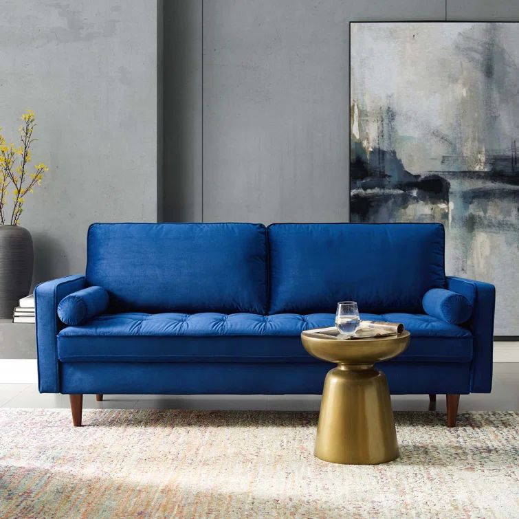 Navy Velvet Tufted 73" Sofa with Walnut Wood Legs