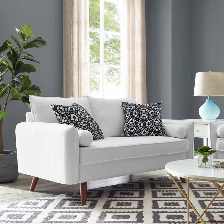 Revive White Tufted Fabric Loveseat with Wood Legs