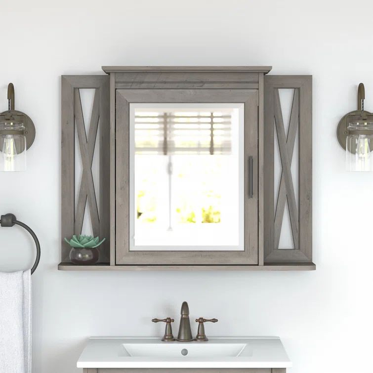 Driftwood Gray Laminated Wood Bathroom Medicine Cabinet with Mirror