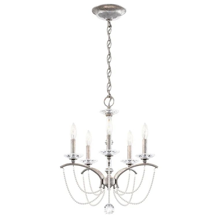 Antique Silver 5-Light Crystal Chandelier with White Pearl Trim