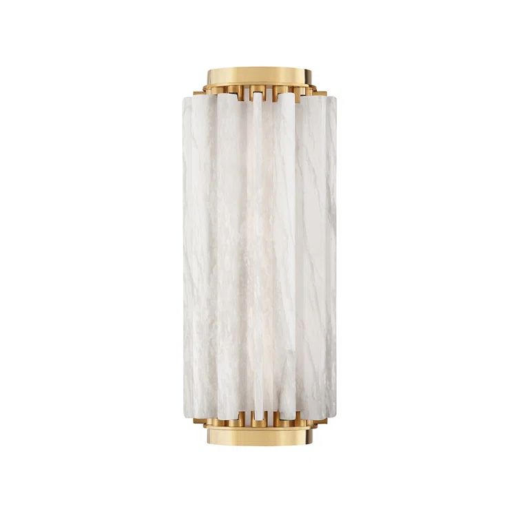 Aged Brass Cylinder Direct Wired LED Sconce with Spanish Alabaster Shade