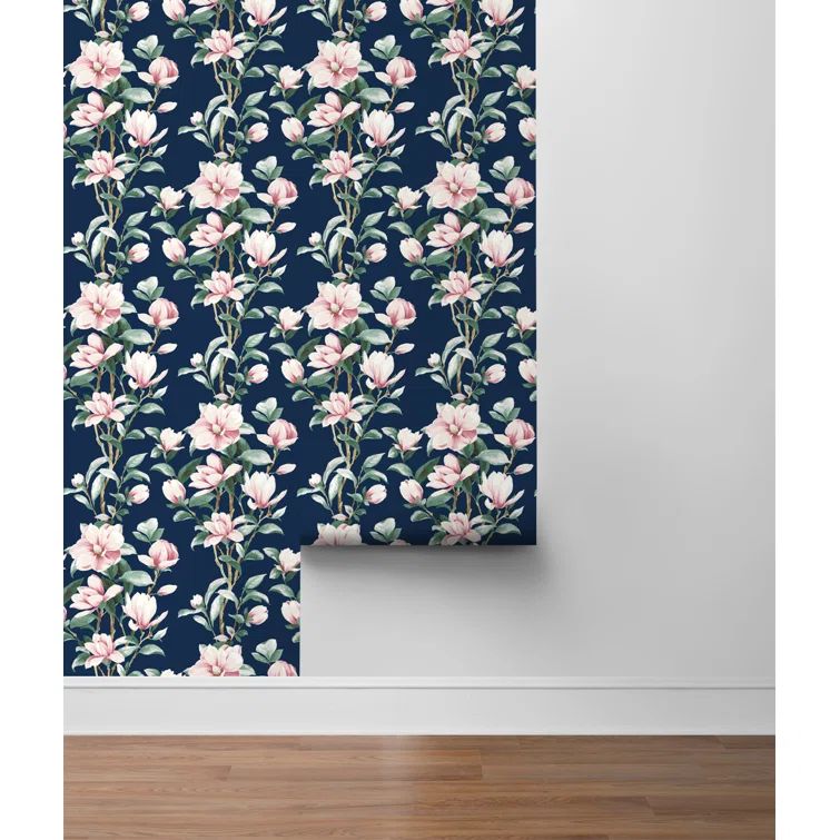 Navy and Blush Floral Vinyl Peel and Stick Wallpaper Roll