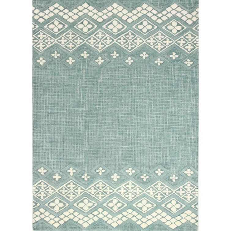 Teal and White Geometric Wool 5' x 7' Rug