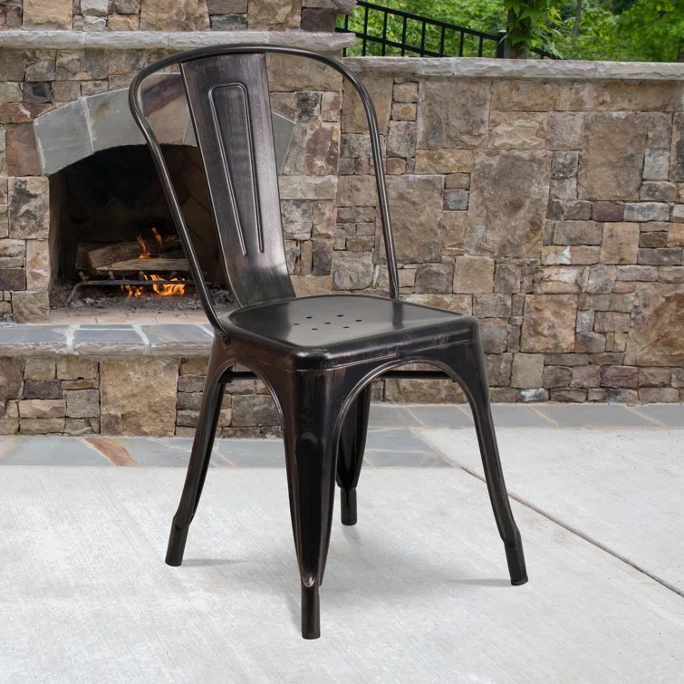 Black-Antique Gold Galvanized Steel Stackable Dining Chair