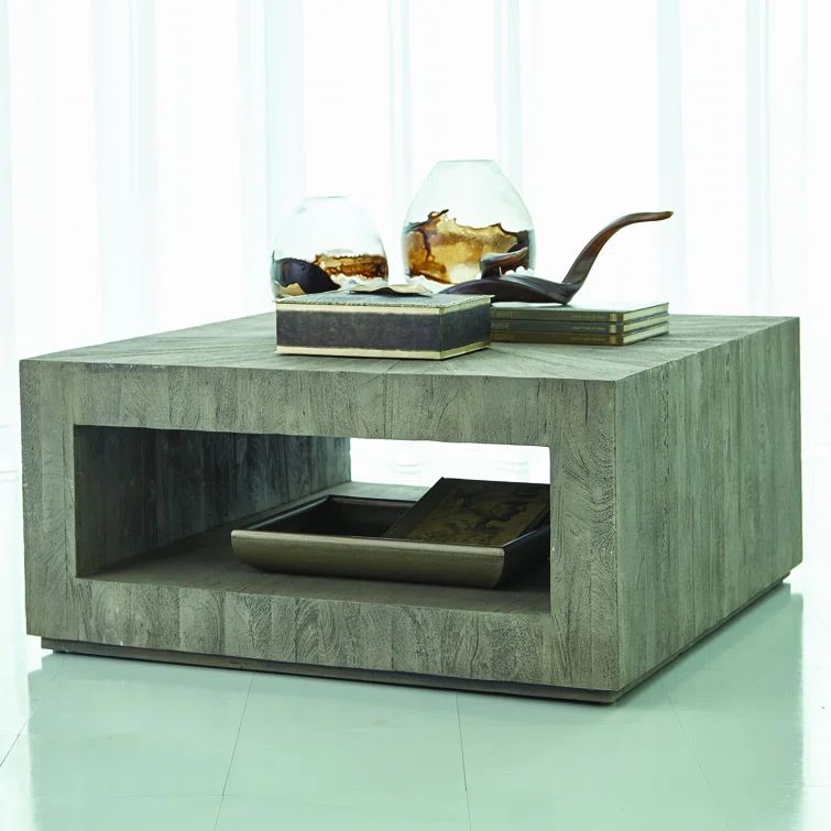 Grey Sandblasted Square Wood Coffee Table with Starburst Marquetry