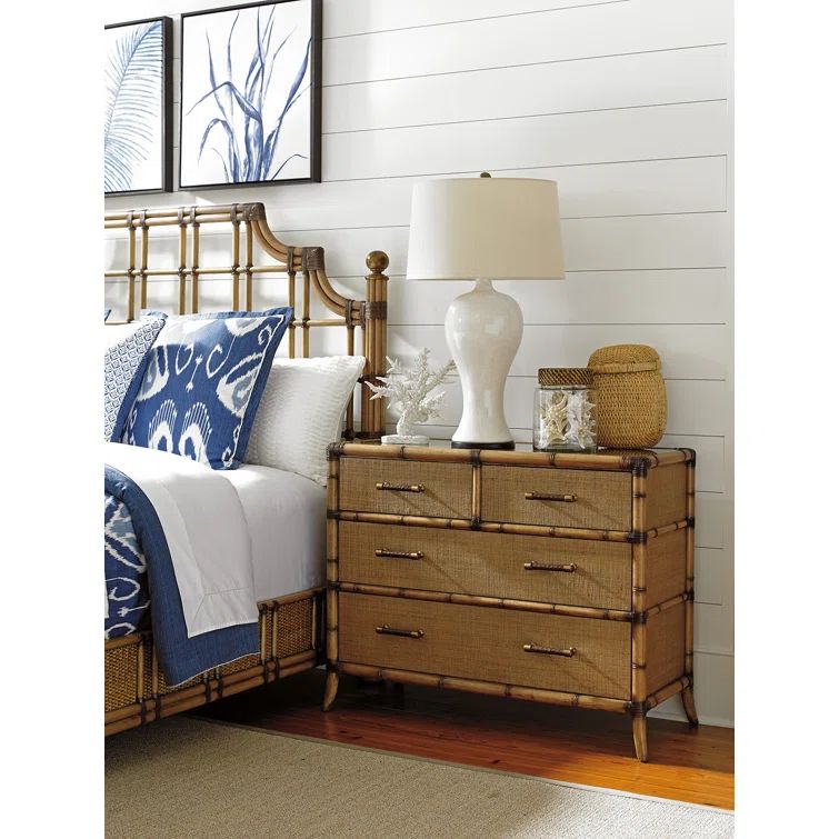 Bermuda Sands 44'' Transitional Brown Raffia & Bamboo 4-Drawer Chest