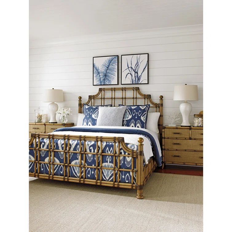 Queen Brown Rattan Poster Bed with Headboard