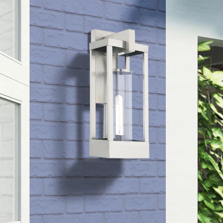 Brushed Nickel Outdoor Wall Lantern with Clear Glass Cylinder