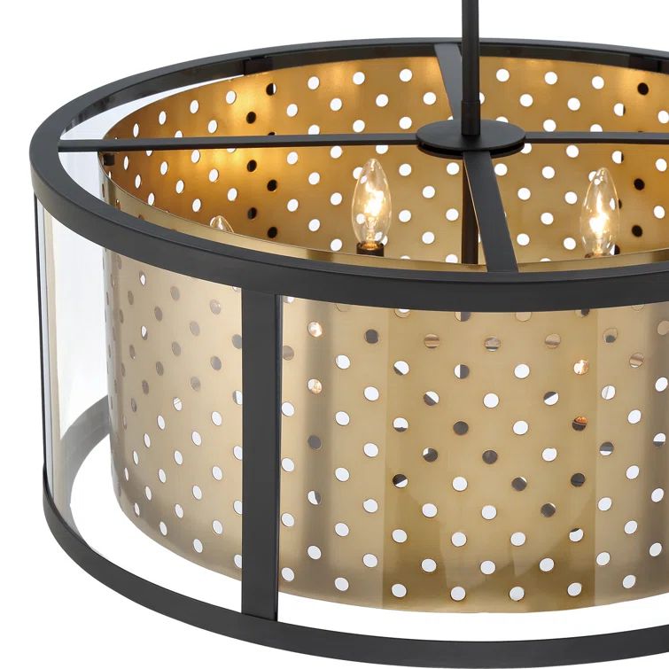 Grado Modern Gold Drum Pendant with Clear Glass and Stamped Pattern