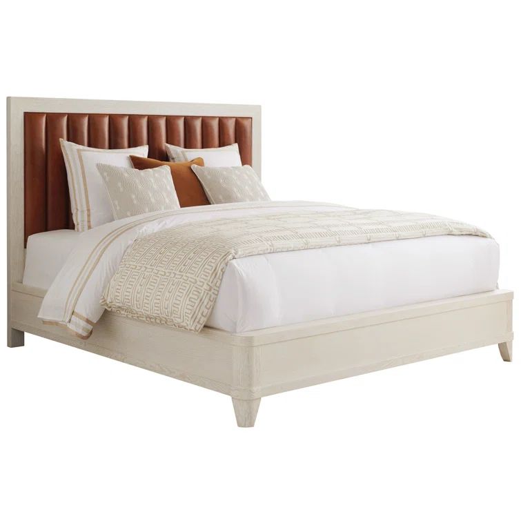 California King Oak Frame Upholstered Bed with Leather Headboard