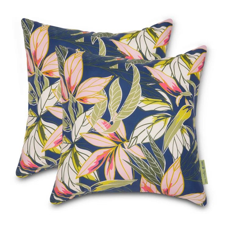 Rainforest Leaves Blue and Pink Polyester Outdoor Square Pillow Set