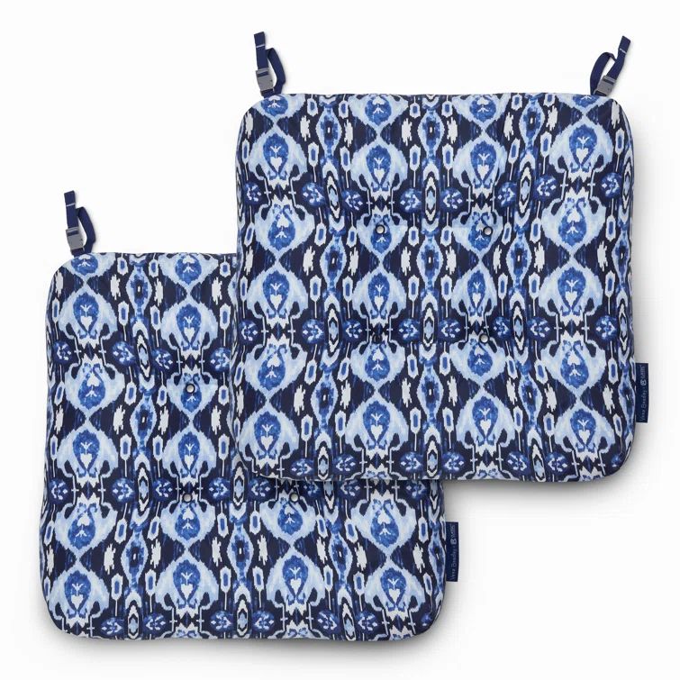 Ikat Island Blue Water-Resistant Outdoor Patio Chair Cushions, 19" x 19"